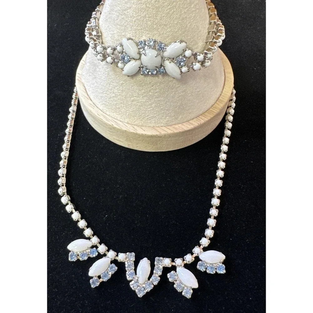 Vtg 1950s  Milk Glass Blue Rhinestone Necklace Bracelet Set Unsigned
